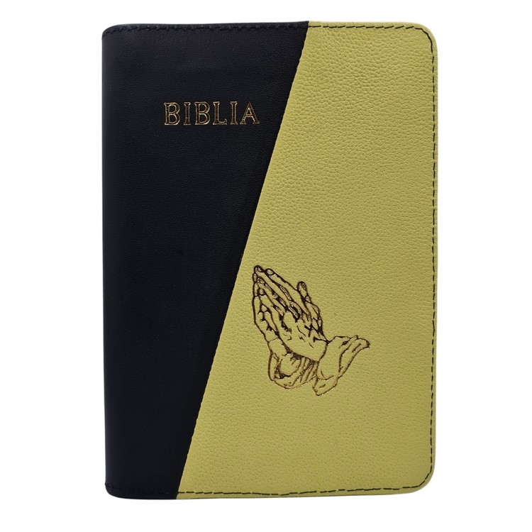 Biblie din piele, marime medie, culoare, negru cu galben, fermoar, margini albe, simbol maini in rugaciune, cuv. lui Isus cu rosu [053]
