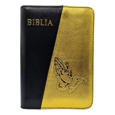 Biblia mica, coperta piele, culoare, negru cu auriu, index, fermoar, margini aurii,  simbolul maini, cuv. lui Isus in rosu [047 PFI]