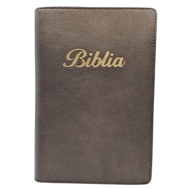 Biblia marime medie, maro sidefat, piele, fermoar, margini aurii, index, cuv. lui Isus cu rosu [MAR 057 PFI]