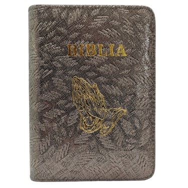 Biblia mica, coperta piele, culoare, gri texturat, index, fermoar, margini aurii,  simbolul maini, cuv. lui Isus in rosu [047 PFI]