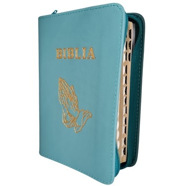 Biblia mica, coperta piele, culoare, turcoaz, index, fermoar, margini aurii,  simbolul maini, cuv. lui Isus in rosu [047 PFI]