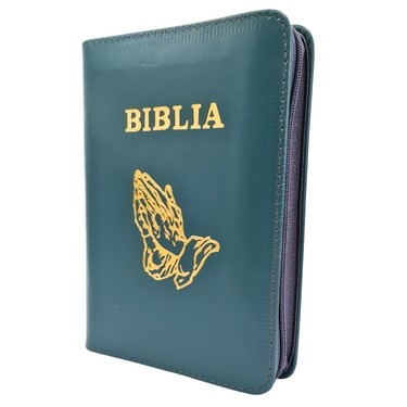 Biblia mica, coperta piele, culoare, verde închis, index, fermoar, margini aurii,  simbolul maini, cuv. lui Isus in rosu [047 PFI]