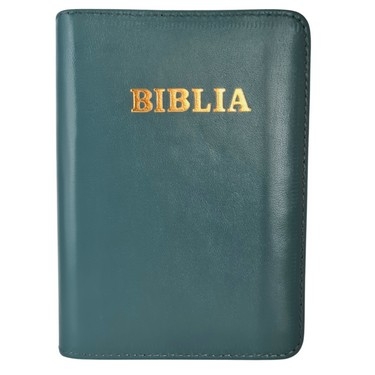 Biblia mica, coperta piele, culoare, verde închis, index, fermoar, margini aurii, cuv. lui Isus in rosu [047 PFI]