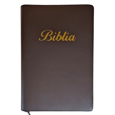 Biblia marime medie, maro, piele, fermoar, margini aurii, index, cuv. lui Isus cu rosu [MAR 057 PFI]