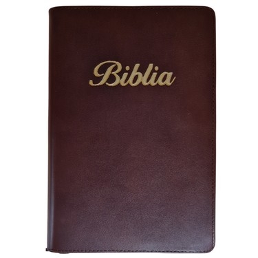 Biblia marime medie, maro, piele, fermoar, margini aurii, index, cuv. lui Isus cu rosu [MAR 057 PFI]