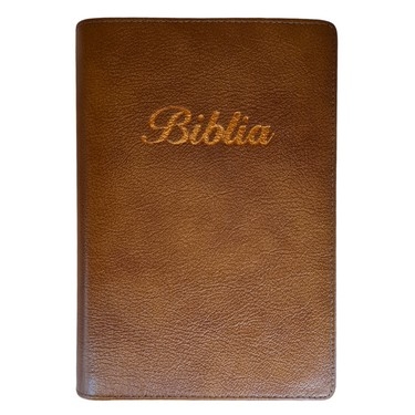 Biblia marime medie, maro, piele, fermoar, margini aurii, index, cuv. lui Isus cu rosu [MAR 057 PFI]