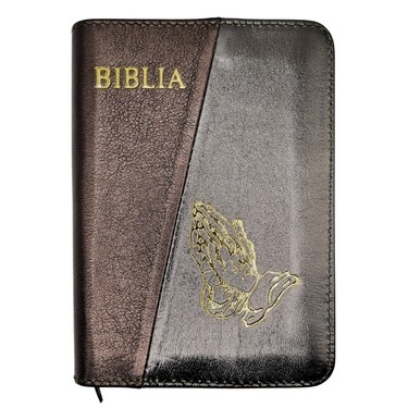 Biblia mica, coperta piele, culoare, maro sidefat cu verde oliv, index, fermoar, margini aurii,  simbolul maini, cuv. lui Isus in rosu [047 PFI]