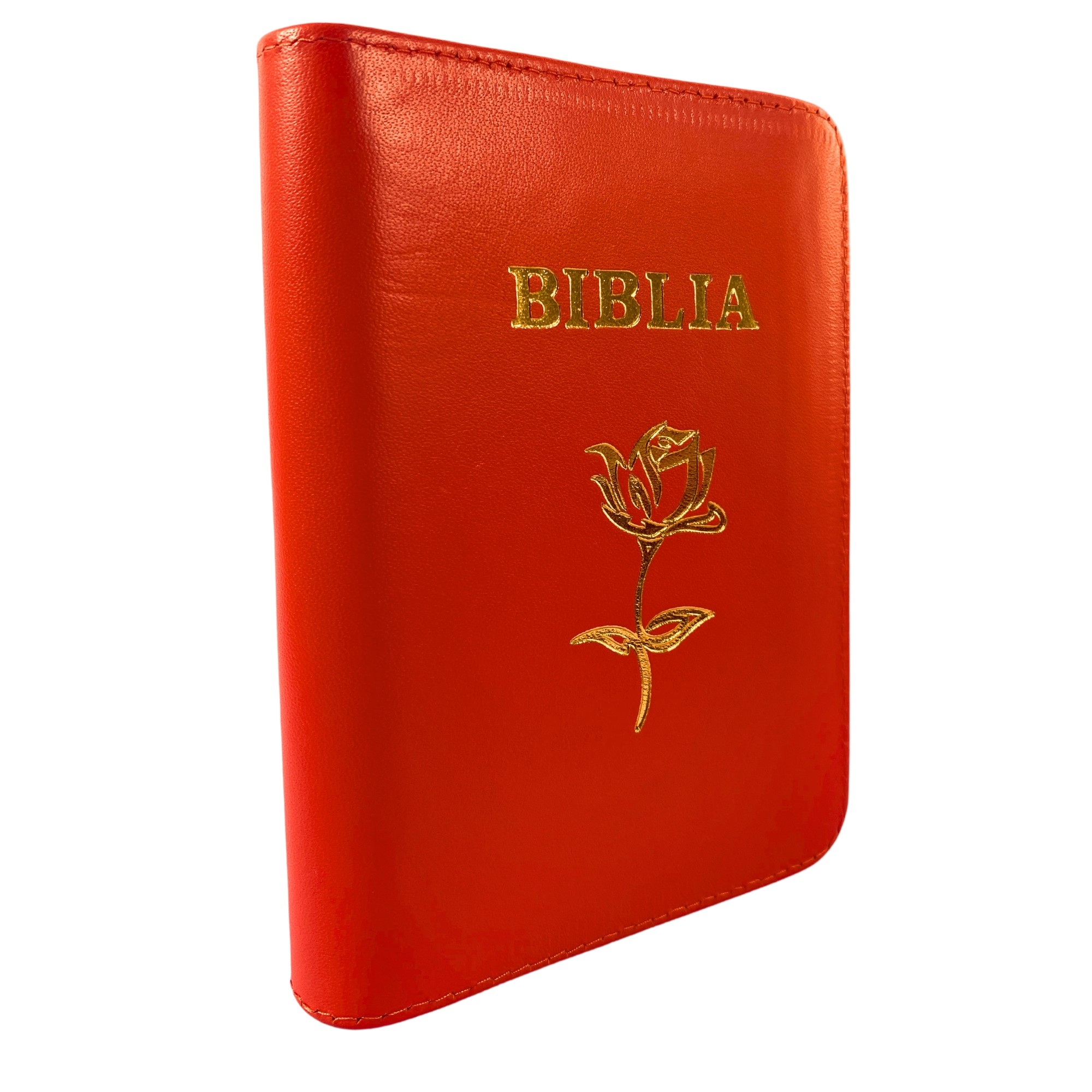 Biblia mica, coperta piele, portocaliu închis, index, fermoar, margini aurii, simbol floral, cuv. lui Isus in rosu [047 PFI]