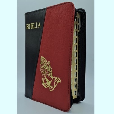 Biblia mica, coperta piele, culoare, negru cu vișiniu, index, fermoar, margini aurii,  simbolul maini, cuv. lui Isus in rosu [047 PFI]