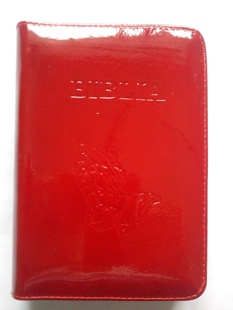 Biblia din piele, mica, rosie lacuita, fermoar, cu maini [043]