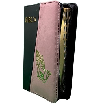 Biblia mica, coperta piele, culoare, negru cu roz, index, fermoar, margini aurii,  simbolul maini, cuv. lui Isus in rosu [047 PFI]
