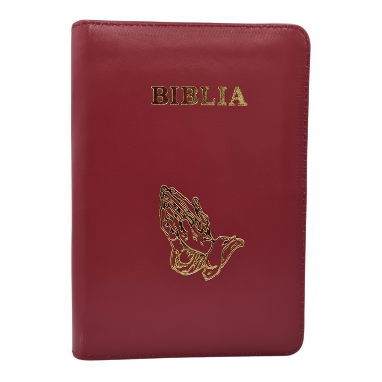 Biblie din piele, marime medie, culoare, roz închis, fermoar, margini albe, simbol maini in rugaciune, cuv. lui Isus cu rosu [053]