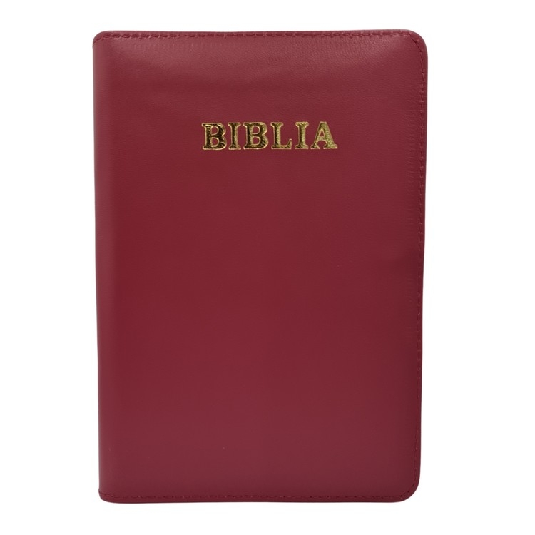 Biblie din piele, marime medie, culoare, roz închis, fermoar, margini albe,  cuv. lui Isus cu rosu [053]