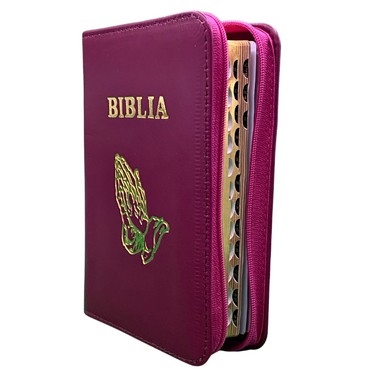 Biblia mica, coperta piele, culoare, roz magenta închis, index, fermoar, margini aurii,  simbolul maini, cuv. lui Isus in rosu [047 PFI]