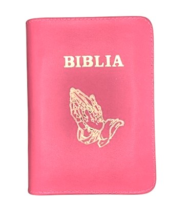 Biblia mica, coperta piele, culoare, roz închis, index, fermoar, margini aurii,  simbolul maini, cuv. lui Isus in rosu [047 PFI]