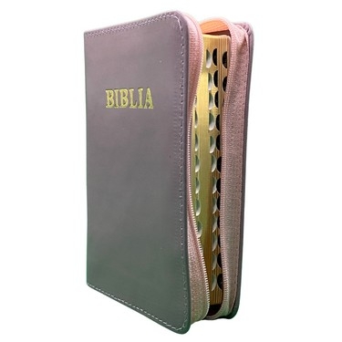 Biblia mica, coperta piele, culoare, mov, index, fermoar, margini aurii, cuv. lui Isus in rosu [047 PFI]