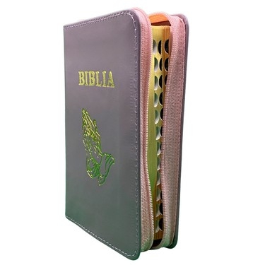 Biblia mica, coperta piele, culoare, mov, index, fermoar, margini aurii,  simbolul maini, cuv. lui Isus in rosu [047 PFI]