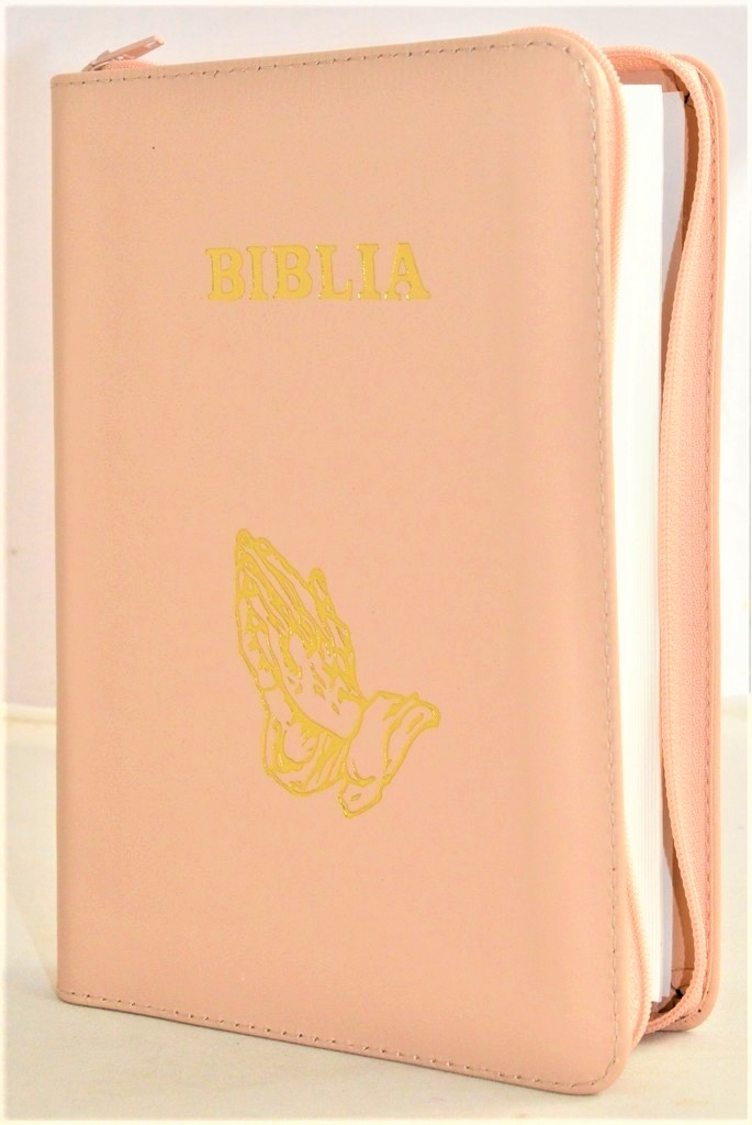 Biblia din piele, marime medie, nuanta roz pudra, fermoar, simbol maini in ruga, cuv. lui Isus cu rosu [053]