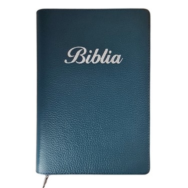 Biblia marime medie, turcoaz, piele, fermoar, margini aurii, index, cuv. lui Isus cu rosu [MAR 057 PFI]