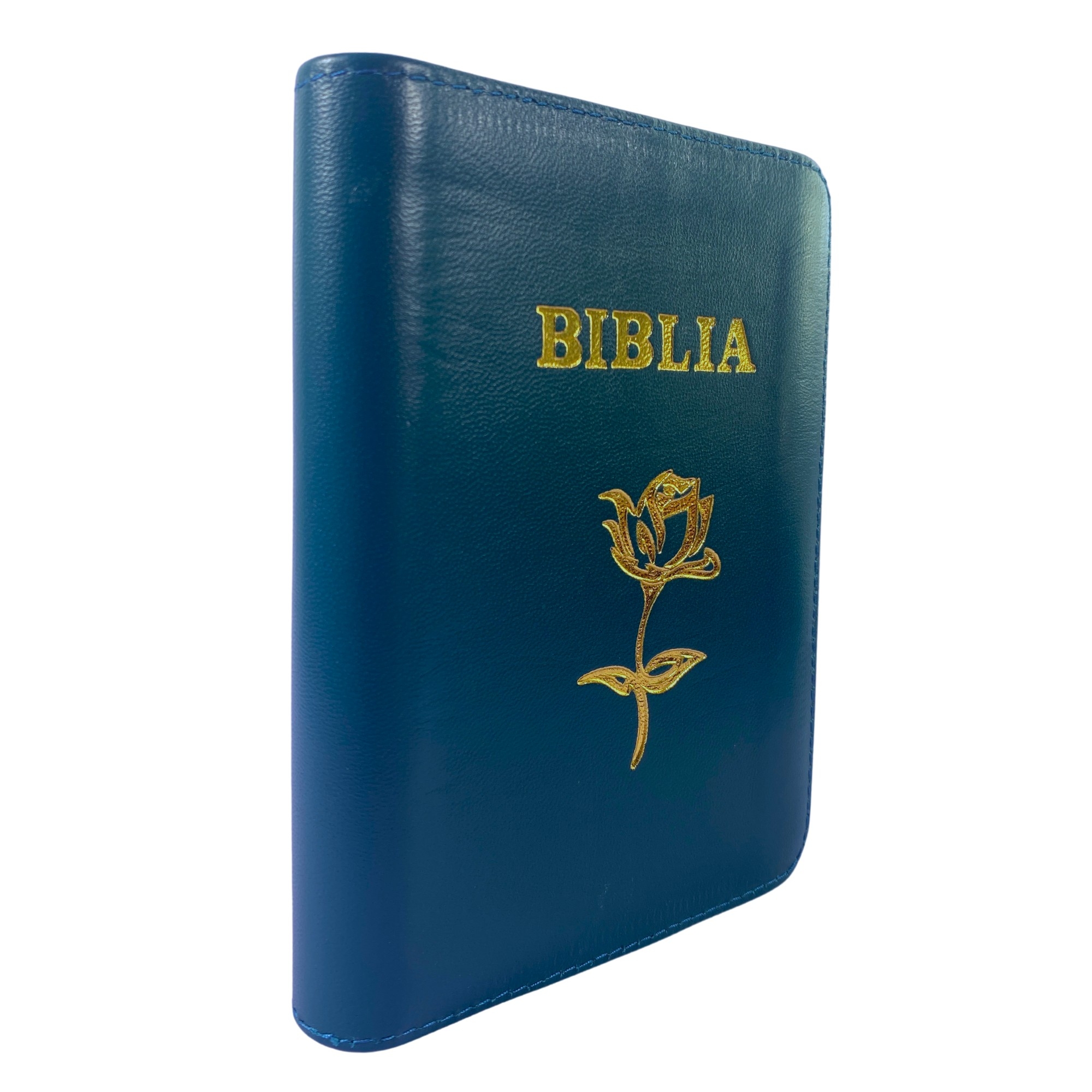 Biblia mica, coperta piele, albastru turcoaz închis, index, fermoar, margini aurii, simbol floral, cuv. lui Isus in rosu [047 PFI]