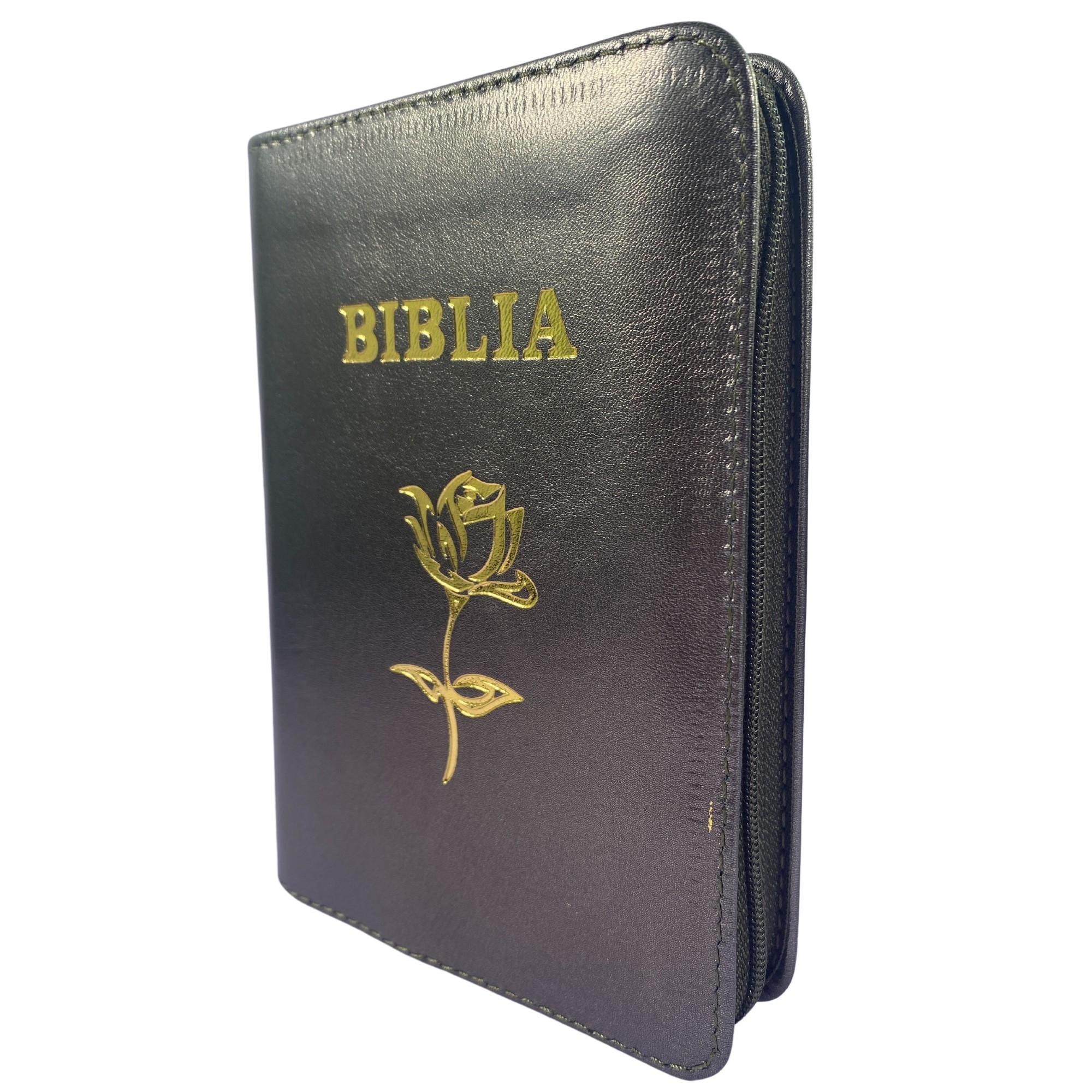 Biblia mica, coperta piele, verde oliv sidefat, index, fermoar, margini aurii, simbol floral, cuv. lui Isus in rosu [047 PFI]