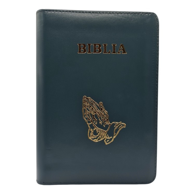 Biblie din piele, marime medie, verde, simbol maini in rugaciune, fermoar, index, margini aurii, cuv. lui Isus cu rosu [SB 057 PFI]