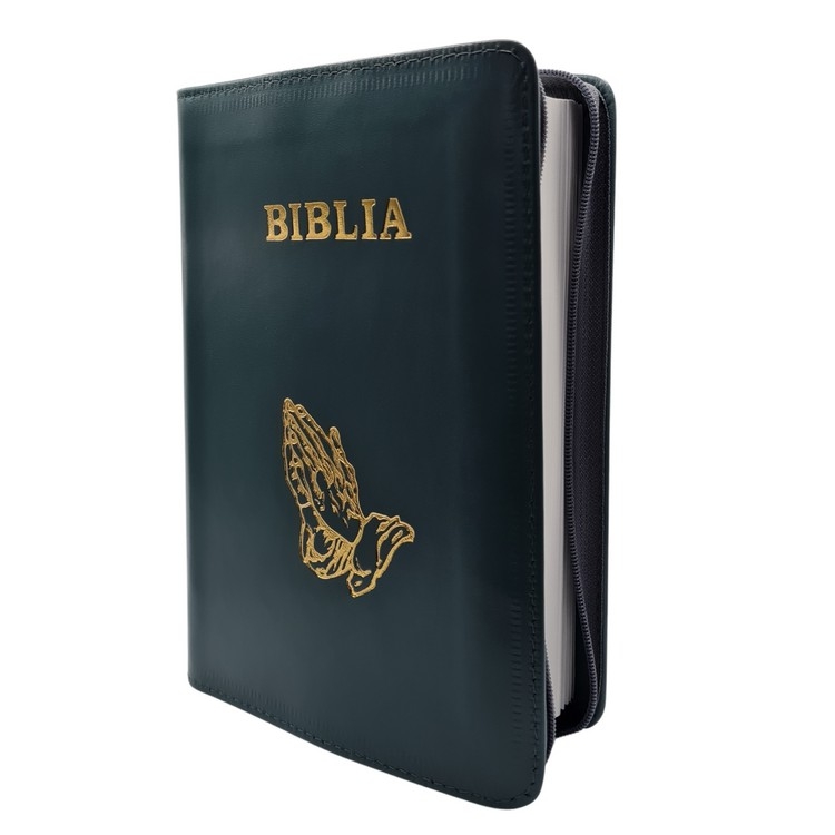 Biblie din piele, marime medie, culoare, verde, fermoar, margini albe, simbol maini in rugaciune, cuv. lui Isus cu rosu [053]