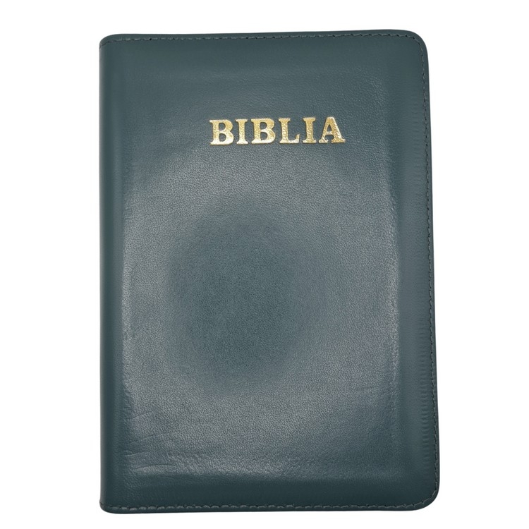 Biblie din piele, marime medie, culoare, verde închis, fermoar, margini albe,  cuv. lui Isus cu rosu [053]