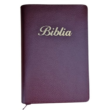 Biblia marime medie, vișiniu închis, piele, fermoar, margini aurii, index, cuv. lui Isus cu rosu [MAR 057 PFI]