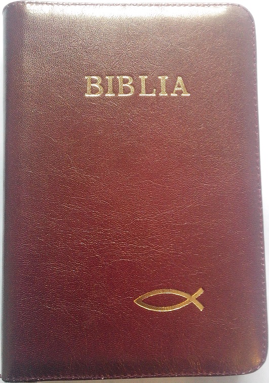 Biblie din piele, marime medie, visinie, fermoar, margini aurii, cu peste, cuv. Lui Isus cu rosu [052]