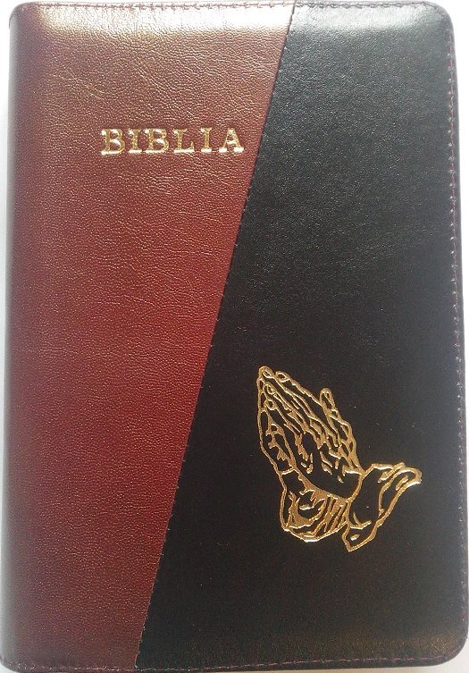 Biblia din piele, medie, visiniu / negru, fermoar, aurita, cu maini, cuv. lui Isus cu rosu [052]