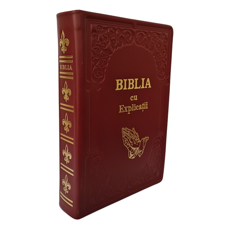 Biblia cu concordanta si explicatii, HANDMADE, mare, piele, visiniu, index, aurita,  cuv. lui Isus cu rosu, simbol maini in rugaciune[CO 77 HMI]