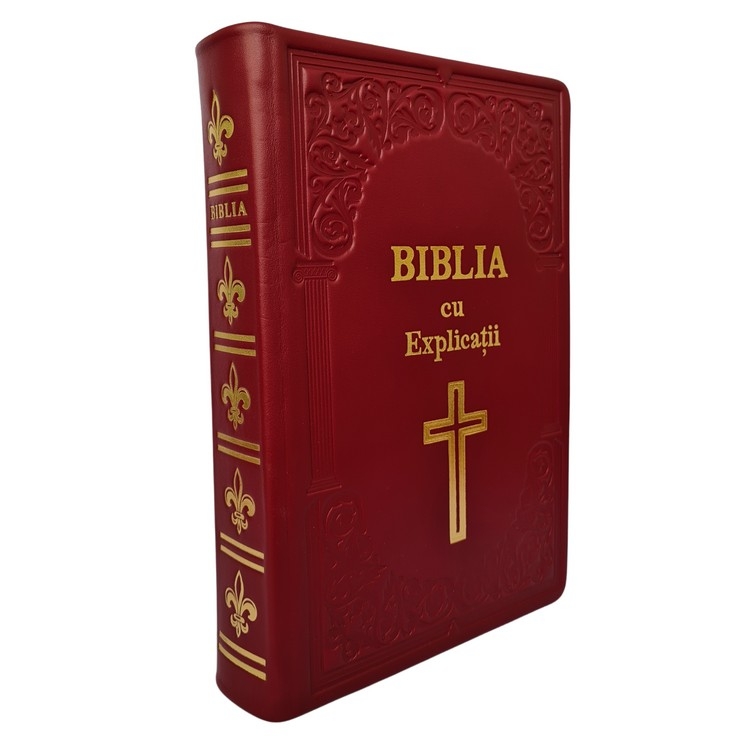 Biblia cu concordanta si explicatii, HANDMADE, mare, piele, visiniu, index, aurita,  cuv. lui Isus cu rosu, simbol cruce [CO 77 HMI]