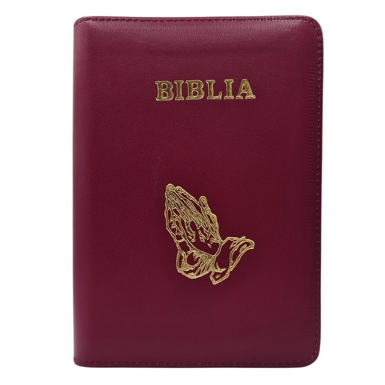 Biblie marime medie, piele, culoare, roz magenta, fermoar, index, simbol mâini în rugăciune,  margini argintii, hărți, cuv. lui Isus cu roșu [057]