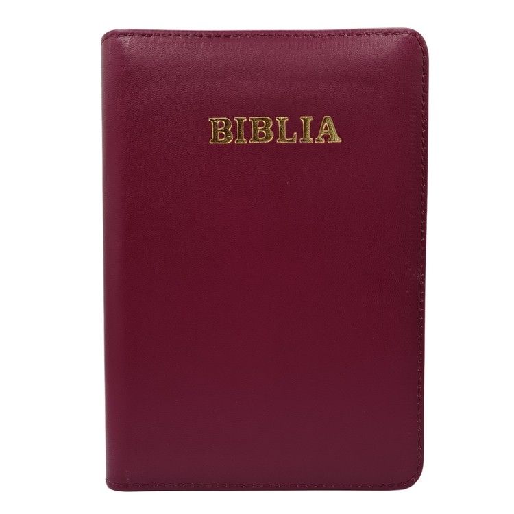 Biblie din piele, marime medie, culoare, roz magenta închis, fermoar, index, margini aurii, cuv. lui Isus cu rosu [SB 057 PFI]