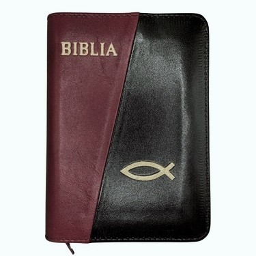 Biblie marime mica, piele,culoare bordo cu negru, index, fermoar, margini aurii, cuv. lui Isus in rosu,simbol peste [047 PFI]