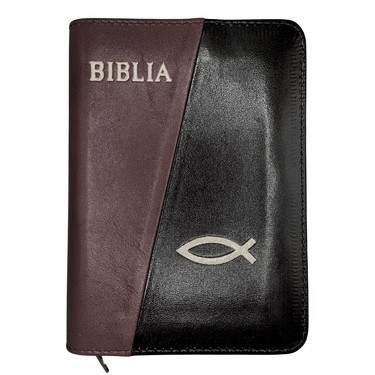 Biblia mica, coperta piele, culoare, vișiniu cu negru, index, fermoar, margini aurii,  simbolul pește, cuv. lui Isus in rosu [047 PFI]