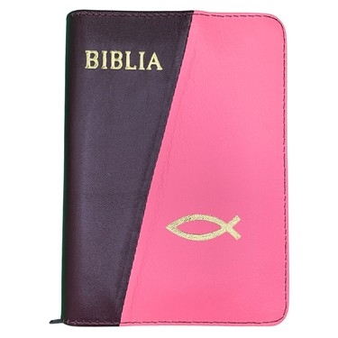 Biblia mica, coperta piele, culoare, bordo cu roz închis, index, fermoar, margini aurii, simbolul pește, cuv. lui Isus in rosu [047 PFI]