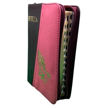 Biblia mica, coperta piele, culoare bordo cu roz închis, index, fermoar, margini aurii,  simbolul maini, cuv. lui Isus in rosu [047 PFI]