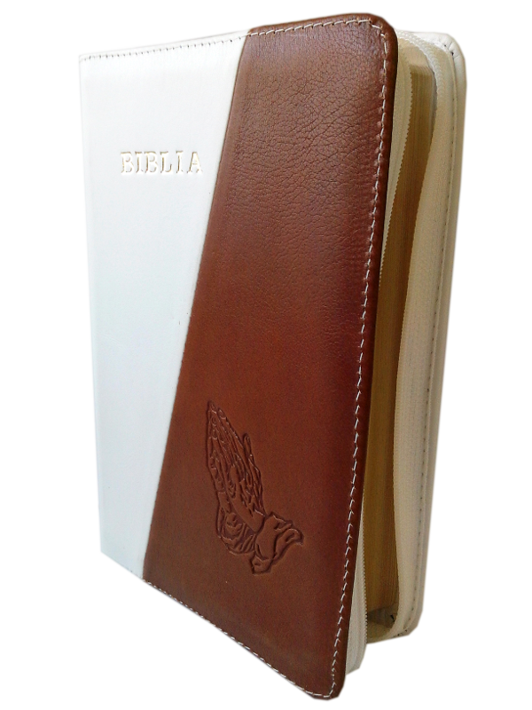Biblia din piele, medie, alb / maro, fermoar, aurita, cu maini gravate, cuv. lui Isus cu rosu [052]