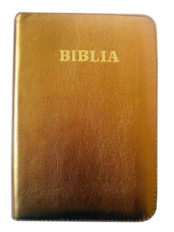 Biblia marime medie, piele, culoare aurie, fermoar, cuv. lui Isus cu rosu [053]