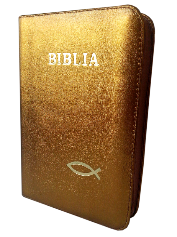 Biblia din piele, marime medie, aurie, fermoar, margini aurii, cu peste, cuv. lui Isus cu rosu [052]