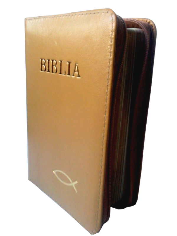 Biblie din piele, mica, cafenie, fermoar, aurita, cu peste, cuv. lui Isus in rosu [043 A]