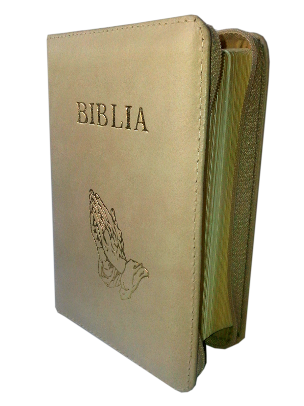 Biblie din piele, mica, bej, fermoar, cu maini, cuv. lui Isus in rosu [043 A]