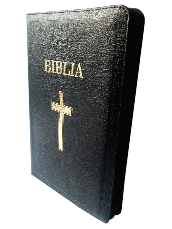Biblia de lux, medie, din piele, neagra, cu index, aurita, fermoar, cu cruce [SI 057 PFI]