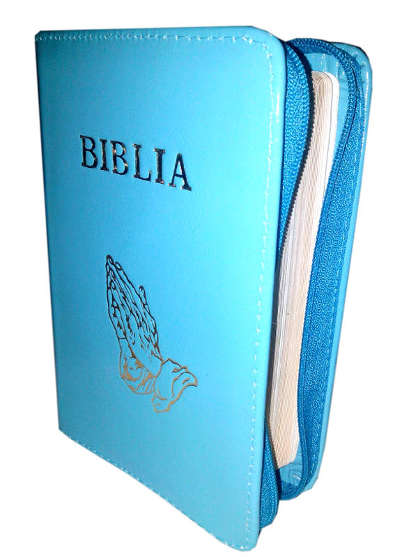 Biblie din piele, mica, turcoaz, fermoar, cu maini, cuv. lui Isus in rosu [043 A]