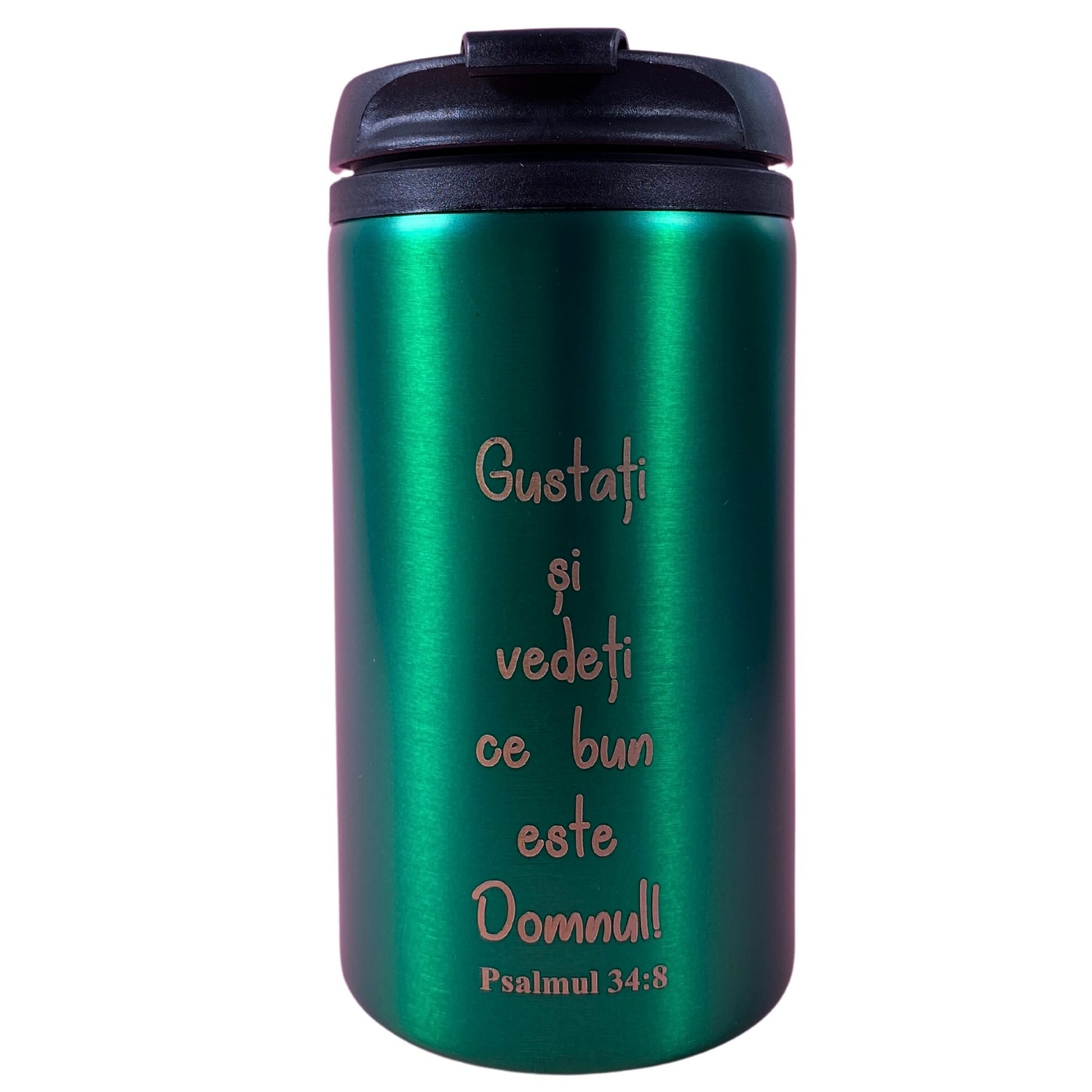Pahar termos, metalic, verde - "Gustați și vedeți ce bun este Domnul!" Pahar termos, metalic, verde - "Gustați și vedeți ce bun este Domnul!"