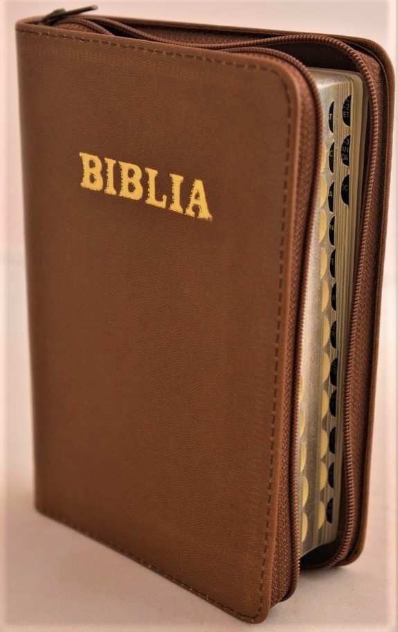 Biblia format mic, din piele, culoare, maro, index, fermoar, margini argintii, cuv. lui Isus in rosu [047 PFI]