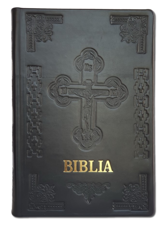 Biblia de la Bucuresti, marime foarte mare, hand made, imbracata in piele, cu cruce, margini albe, culoare neagra - Biblia lui Serban Voda Cantacuzino sau Biblia de la 1688 (editia 2018)