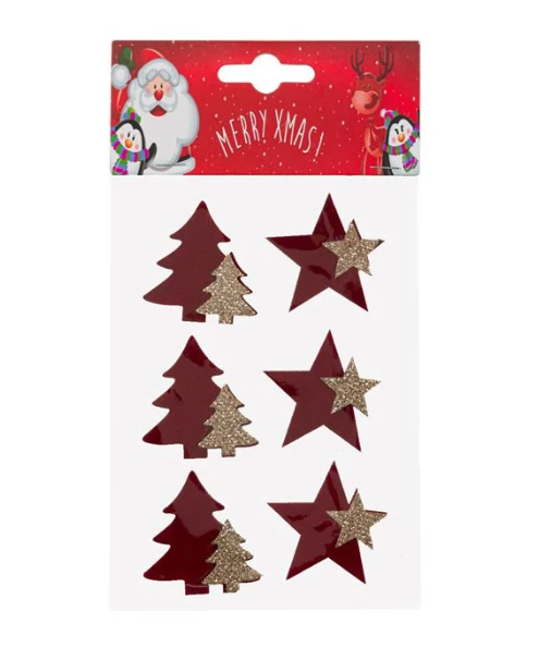 Autocolante decorative de Craciun - Brazi si stele din lemn, rosii, 6 buc. Autocolante decorative de Craciun - Brazi si stele din lemn, rosii, 6 buc.